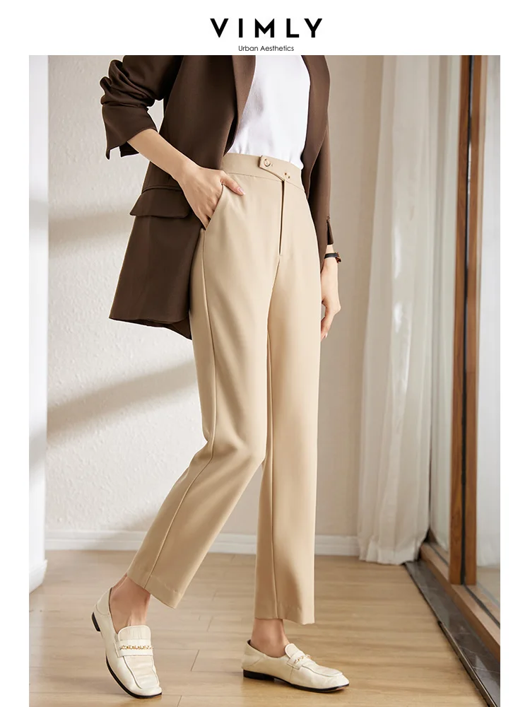 

Vimly Khaki Straight Leg Suit Pants for Women Autumn 2023 Business Office Basics Casual Solid Back Elastic Waist Trousers V7999