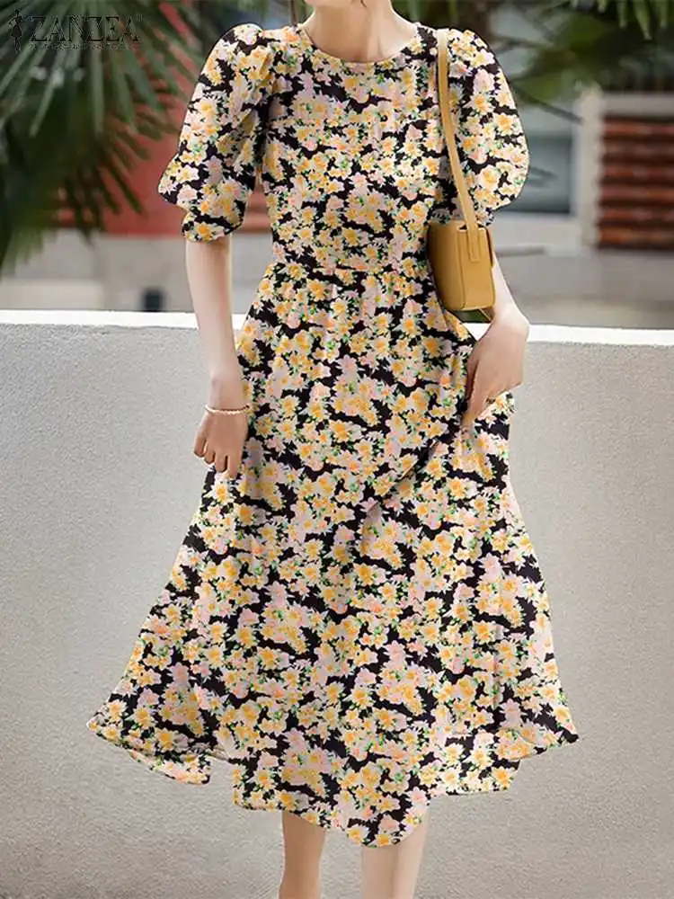 

ZANZEA Fashion Floral Dress Short Puff Sleeve Women Casual Holiday Midi Dresses O Neck Cinched Waist Lace Up Back Elegant Robes