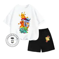Summer Kids Two-piece Pikachu Animation-themed Cartoon Character Print Design O-neck Delicate Short Sleeves and Fitted Shorts 1
