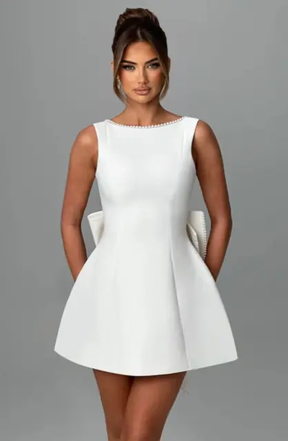 113291-3be977.jpg Robe Courte Chic à Nœud Perlé pour Femme, Mini-Robe Décontractée Dos Nu, Blanc, Noir, Rose, pour Invitée de Mariage, Demoiselle d'honneur, Anniversaire, Été