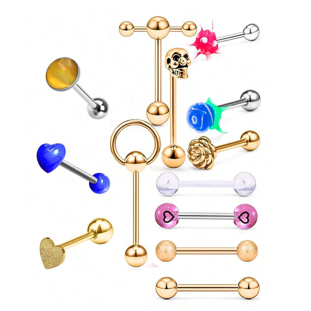 13pcs Stainless Steel Heart Shaped Tongue Ring Barbell Tongue Piercing Cute Bar Ear Tragus Studs Labret Piercing Body Jewelry