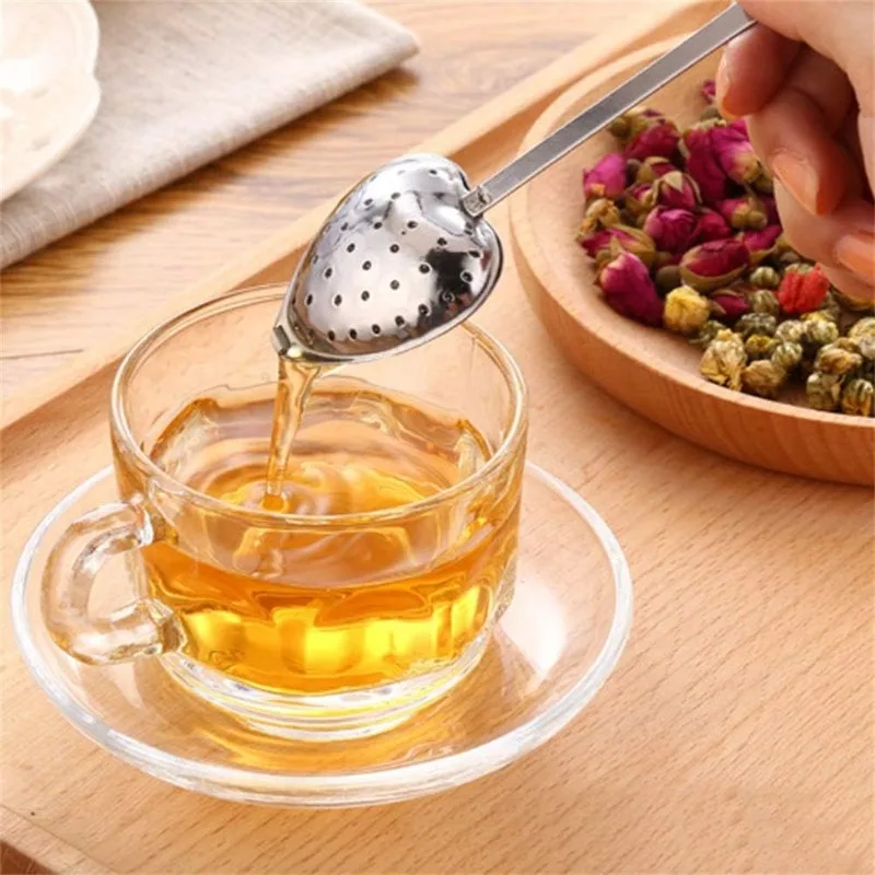 10/1pc Handle Heart-shaped Tea Filter Stainless Steel Mesh Heart Shaped Tea Strainer Spoon Infuser Spoon Kitchen Accessories