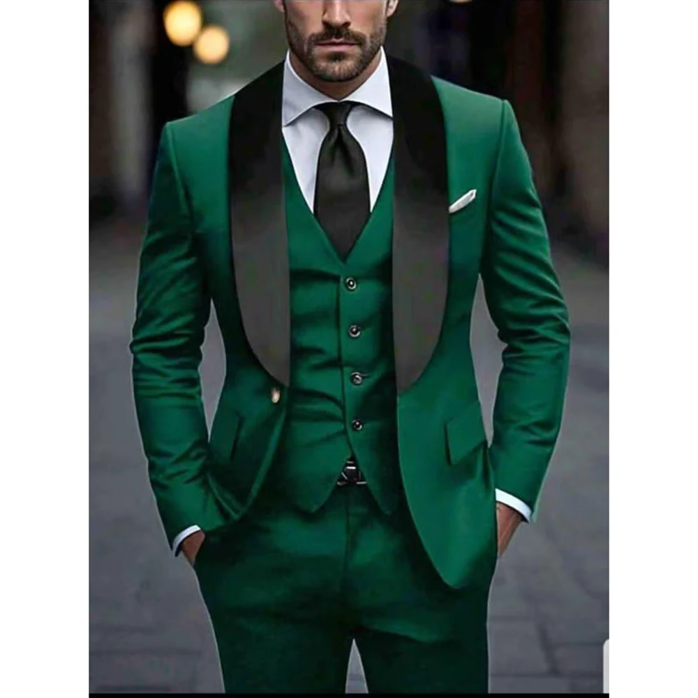 Green Men Suits Blazer Formal Black Shawl Lapel One Button Slim Fit Clothing 3 Piece Jacket Pants Vest