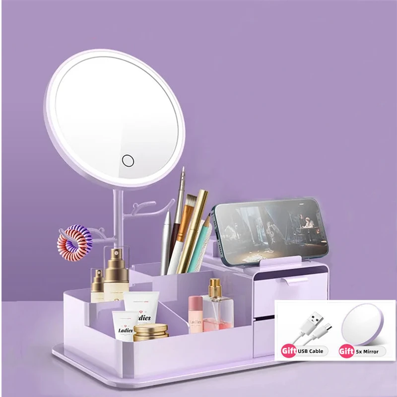 LED Mirror Cosmetic Storage Box Large Capacity Makeup Organizer USB Chargeable Jewelry Make Up Beauty Case Multifunction Durable