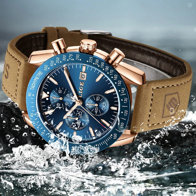 LIGE Casual Sports Men Watch Luxury Waterproof Men Quartz Watches Top Brand Leather Military Chronograph Relogios Masculino+BOX