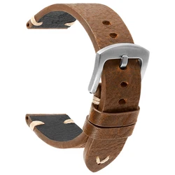 Vintage Genuine Cowhide Leather Watch Band with Handmade Stitching - 22mm (Light brown silver)