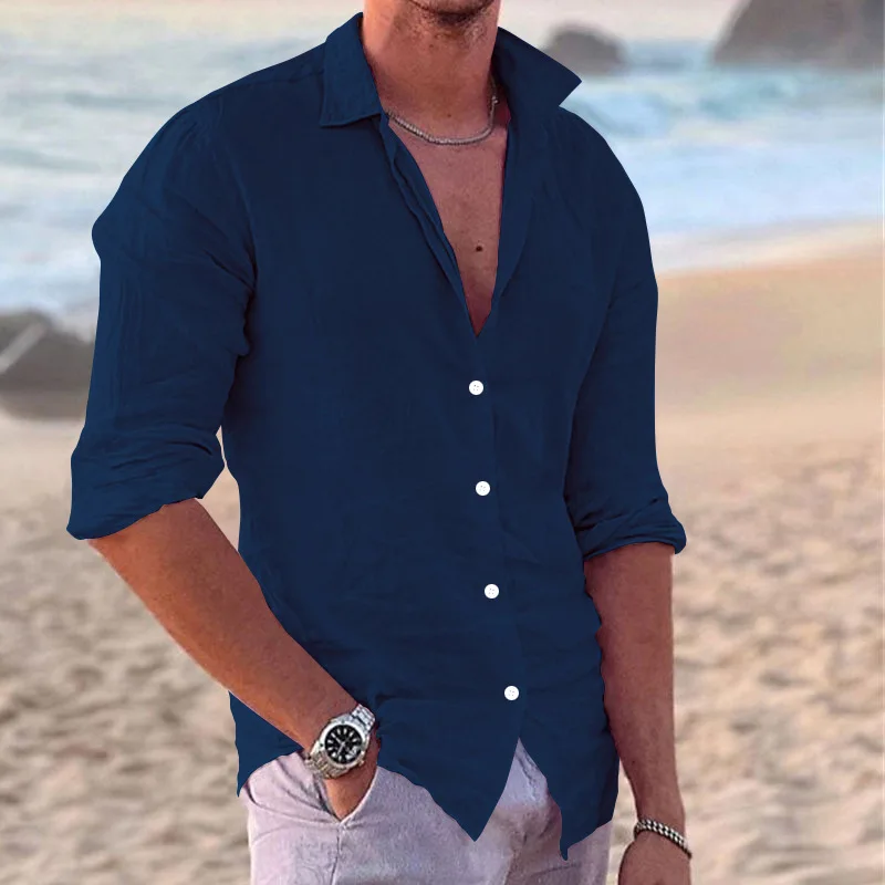 Camicia a maniche lunghe da uomo in cotone e lino casual da uomo camicia con bottoni a maniche corte camicie larghe in tinta unita leggere per uomo, Blu, 3XL