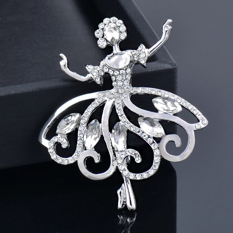 SINLEERY Elegant Cubic Zircon Dancing Ballet Girl Brooch Pin For