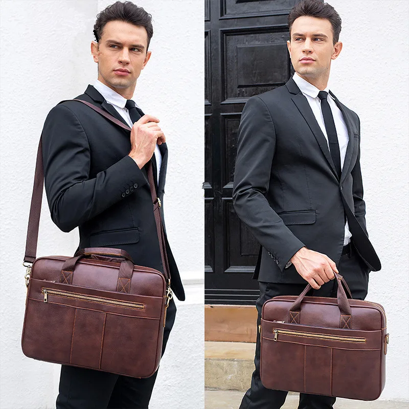 Maleta de Couro Portátil para Homens Grande Capacidade Bolsa Retro do Mensageiro Bolsa do Computador do Caderno Bolsa do Ombro do Negócio