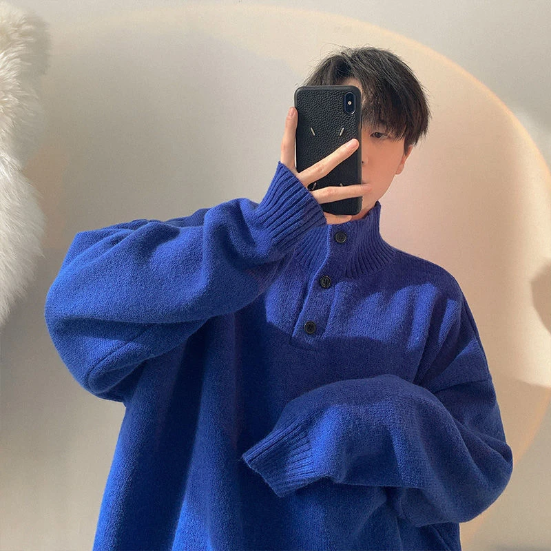 Unisex Knit Autumn Winter Button Turtleneck 2024 New Casual Long Sleeve Men Tops Fashion Oversized Trend Men Japanese Streetwear