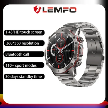 LEMFO 스마트 워치 남성용 블루투스 통화 스마트워치, 1.43 인치, 360x360 HD 화면, 100 개 이상의 스포츠 모드, 30 일 대기, 2023
