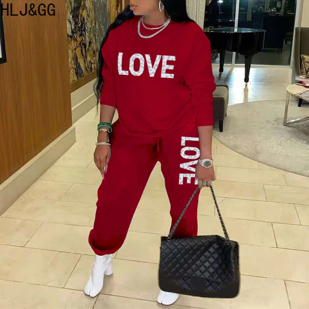 HLJ&GG Red Casual Letter Print Jogger Pants Two Piece Sets Women O Neck Long Sleeve Pullover And Pants Outfits Female Tracksuits