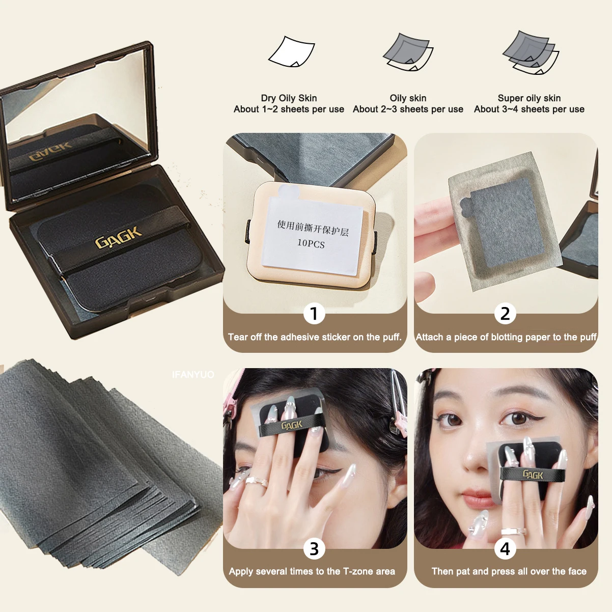 Facial Oil Control Special Blotting Paper Convenient Bamboo Charcoal Oil Absorption Refreshing with Mirror Puff Blotting Sheets