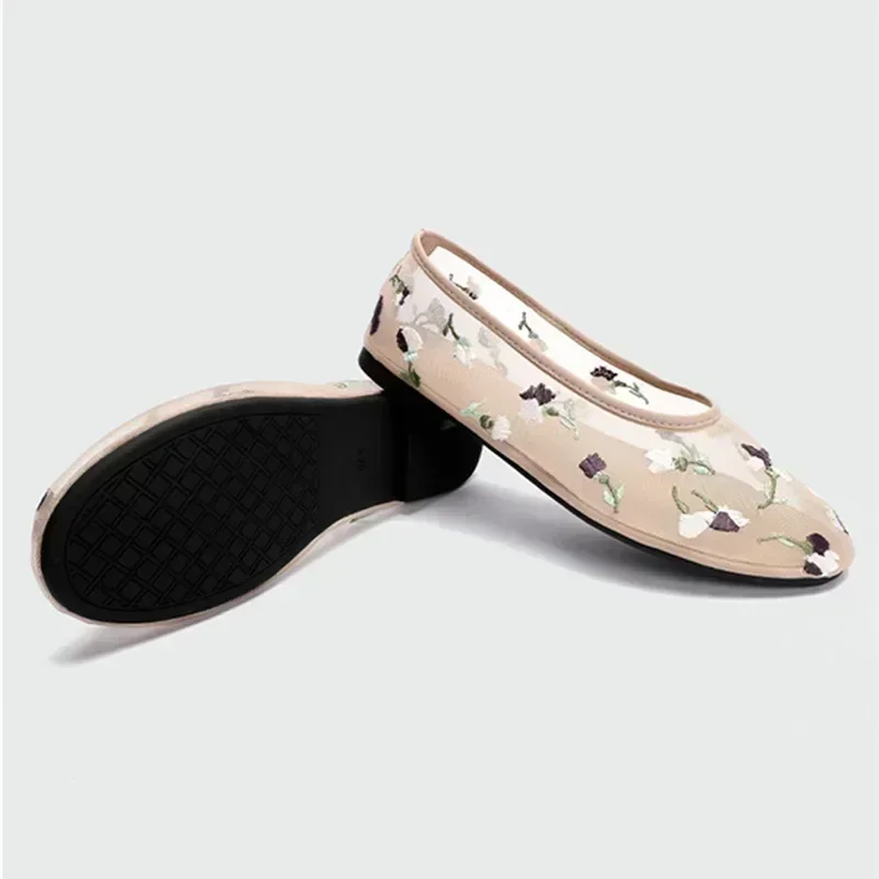 Hand Embroidered Flowers Designer Mesh Hollow Flats Ballet Shoes Women Summer Light Breathable Mary Jane Shoe Elegant Mules Shoe 5
