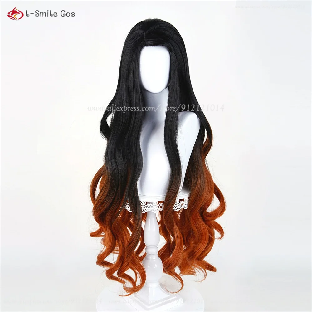 Kamado Nezuko Cosplay Perücke 100cm Gradient Curly Heat Resistant Synthetik Haar Anime Halloween 5