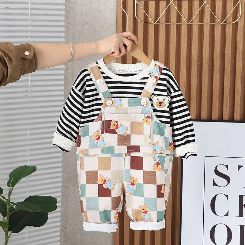 

Kids Baby Boy Boutique Clothes 2024 Spring Cartoon Striped Long Sleeve T-shirts and Overalls Toddler Boys Outfits Childrens Sets