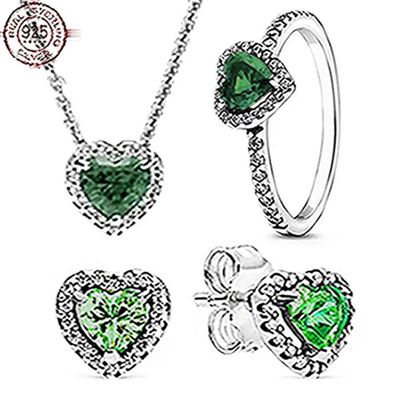 

925 sterling silver green crystal heart-shaped series ring necklace set fit original female jewelry proposal gift for girlfriend