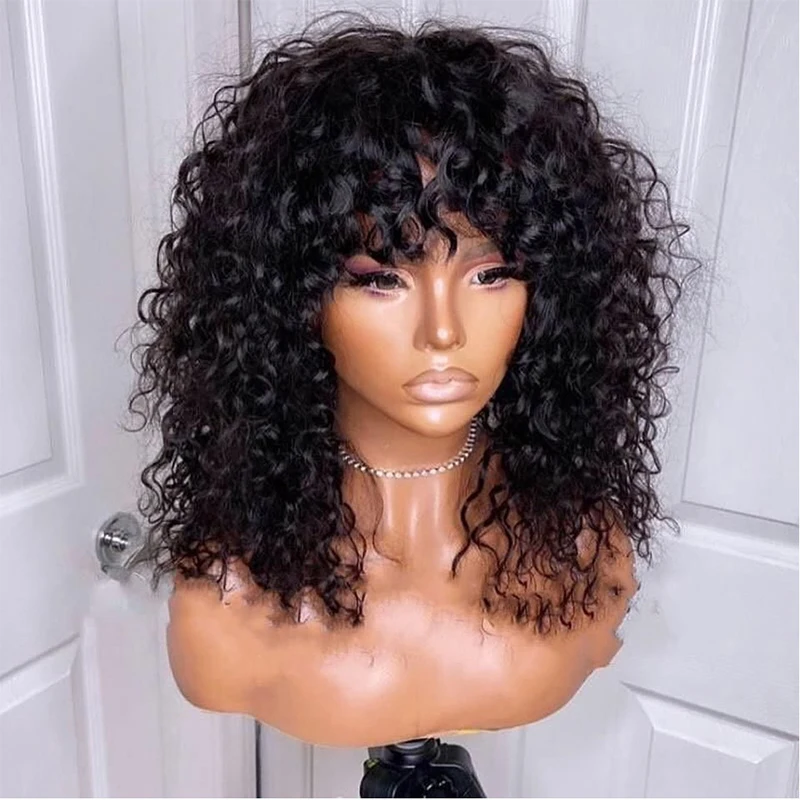 

Glueless Natural Black 26 Inch Kinky Curly Machine Wig With Bangs For Black Women High Temperature Fiber Cosplay Daily Use Wig