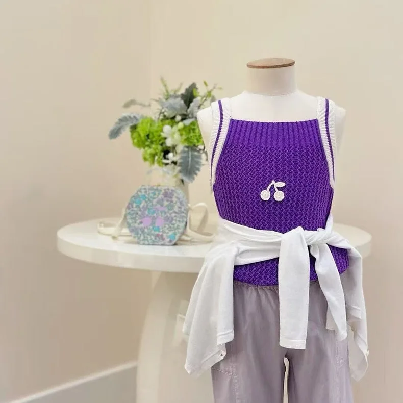 BP 여아 니트 스웨터 2026 여름 체리 캐미솔 여아 가디건 니트 캐미솔 퍼플 베스트