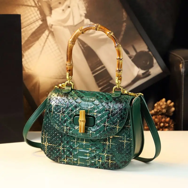 

Vintage Bamboo Handle Saddle Bags for Women Shoulder Bags Ladies Handbags New Luxury Snake Genuine Leather Tote Crossbody Bag