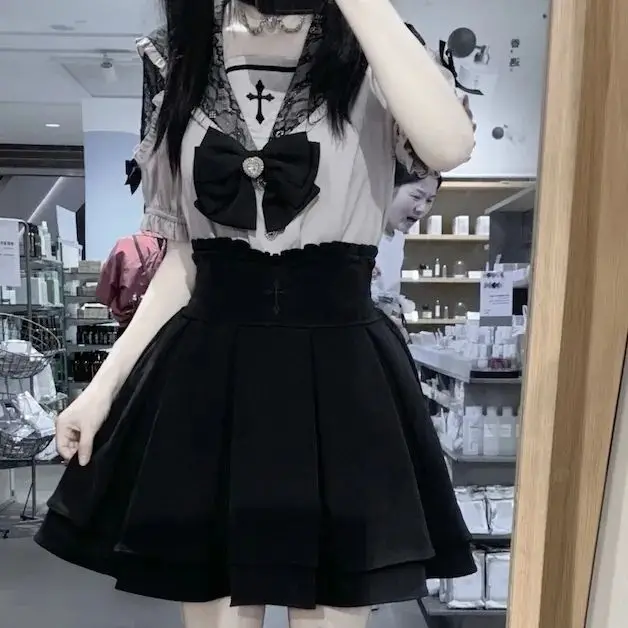 Kawaii camicie da donna Lola Y2K Punk camicetta in stile giapponese dolce fiocco ricamo manica corta top camicia estetica Casual 2024