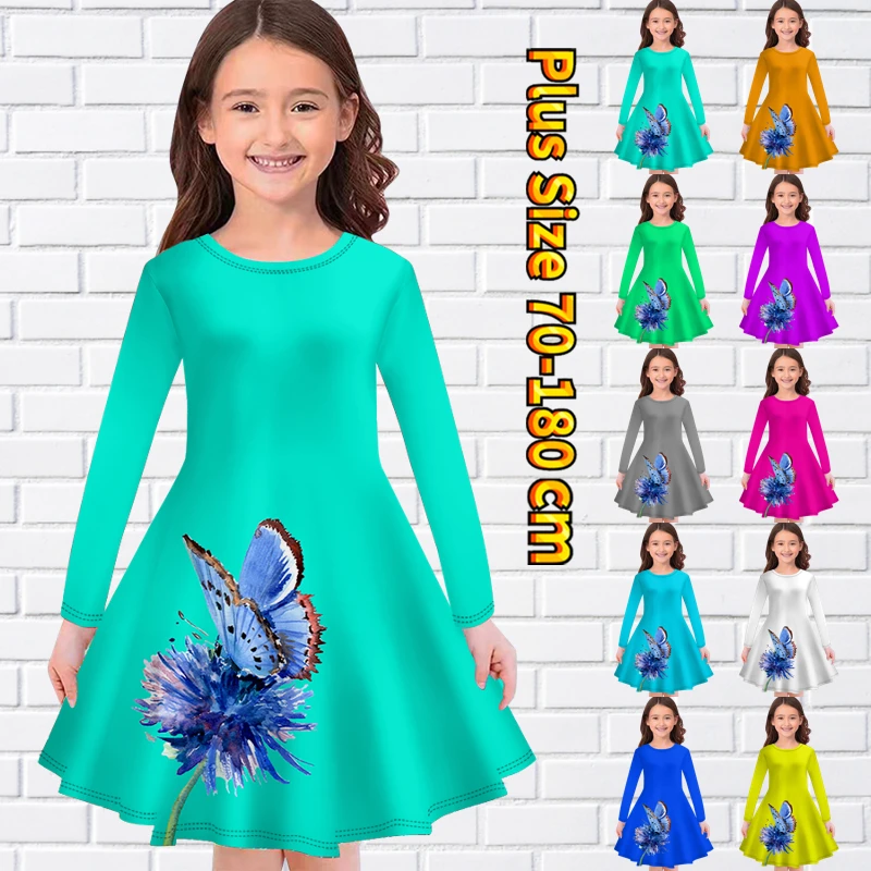 

2022 Autumn Little Girl Retro Round Neck Loose Princess Skirt Fashion Butterfly Print Knee-length Skirt Daily Long Sleeve Skirt