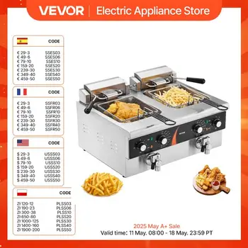 VEVOR Friggitrice Commerciale Elettrica da Banco a Doppia Vasca 3000 W, 2 Friggitrici a Olio 8,5 L con 2 Cestelli, Acciaio Inox Spesso 1 mm, Controllo Tempo Temperatura, per Uso in Cucina Ristorante 1