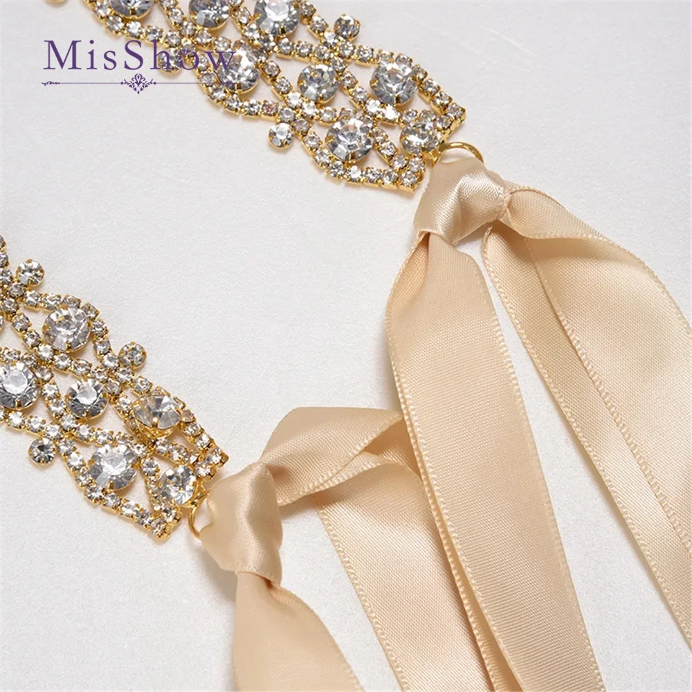 MisShow Gold Silver Handmade Rhinestone Belt Crystal Wedding Bridal Sash Satin Ribbon Wedding Accessories bridal waistband,bridal dress decoration,bridal garter belt