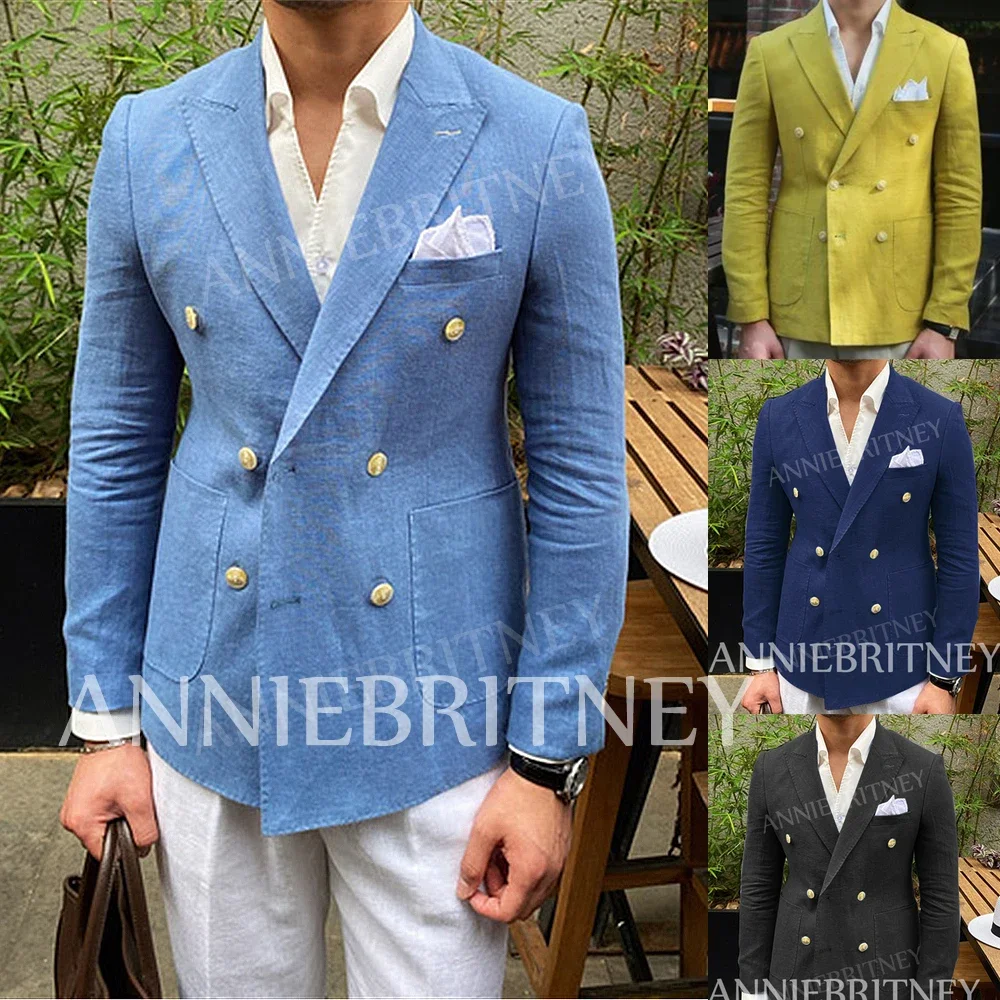 Men Suits Jackets Summer Beach Linen Blazer Hombre Double-breasted Casual Slim Fit Social Coat