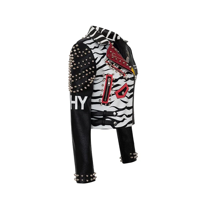 Punk Rivets Cropped Leather Jacket for Women 2024 Trend Streetwear Graffiti Print Contrast Faux Leather Motorcycle Jacket