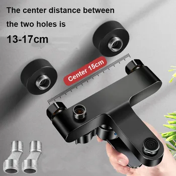 สีดํา/เงินทองเหลืองห้องน้ําก๊อกน้ําติดผนังร้อนเย็น Dual Spout Mixer Tap สําหรับห้องน้ํา Splitter 2