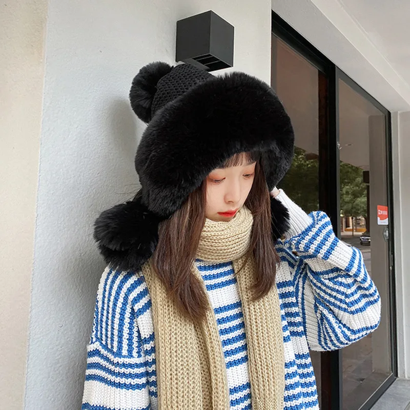 Plush Warm Knitted Hat For Women in Autumn And Winter Cute Fur Ball And Thick Velvet Ear Protection Anti Cold Lei Feng Hat