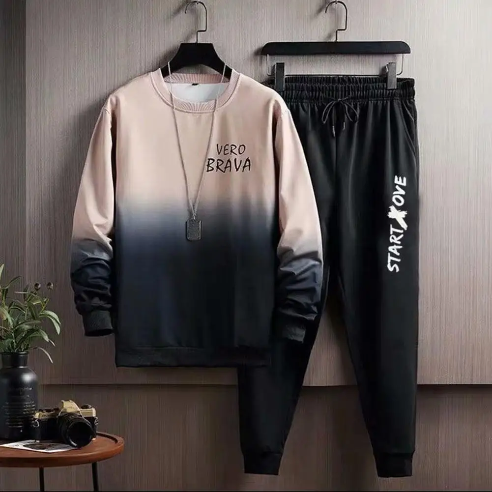 

Men Round Neck Sweatshirt Pants Set Stylish Men's Gradient Contrast Tracksuit Set Loose Fit Top Pants with Elastic for Fall