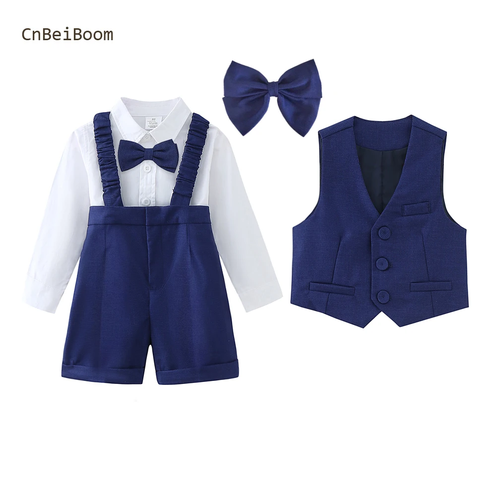 CNbeiboom Boutique Boys Girls Clothes Set Formal Birthday Suit Kids Blue Vest Shirt Short Bowtie Wedding Dress Suit Costume boys suits