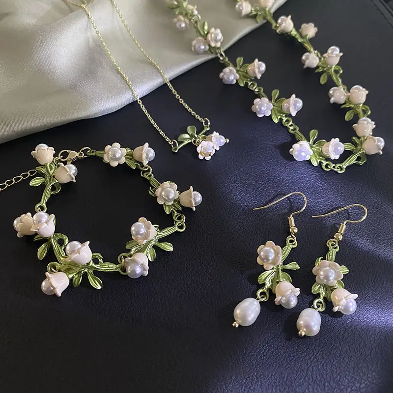 White Lily of The Valley Bracelet Earrings Necklace Super Fairy Stud Earrings Girls Clavicle Chain Flower Bracelet Jewelry Gifts