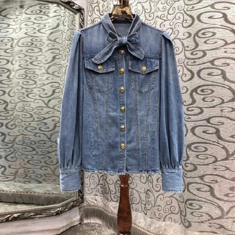 

100%Cotton Denim Shirts 2023 Autumn Winter High Quality Jeans Blouses Women Bow Button Deco Long Sleeve Casual Blue Shirts