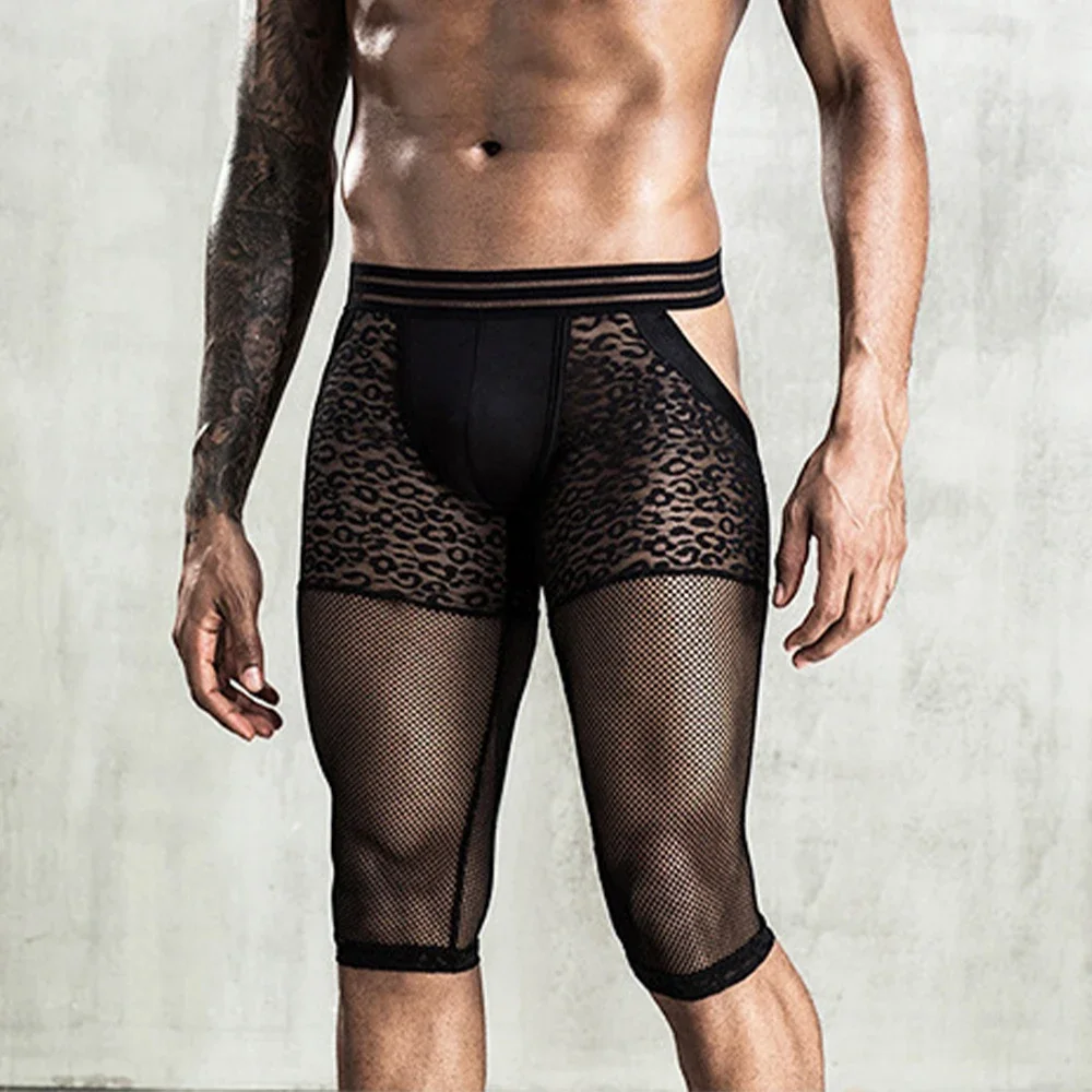 Men Underwear See-Through Mesh Open Butt Shorts Bulge Pouch Leopard Underwear Stretch Longshorts Erotic Short Pants Gays men underwear