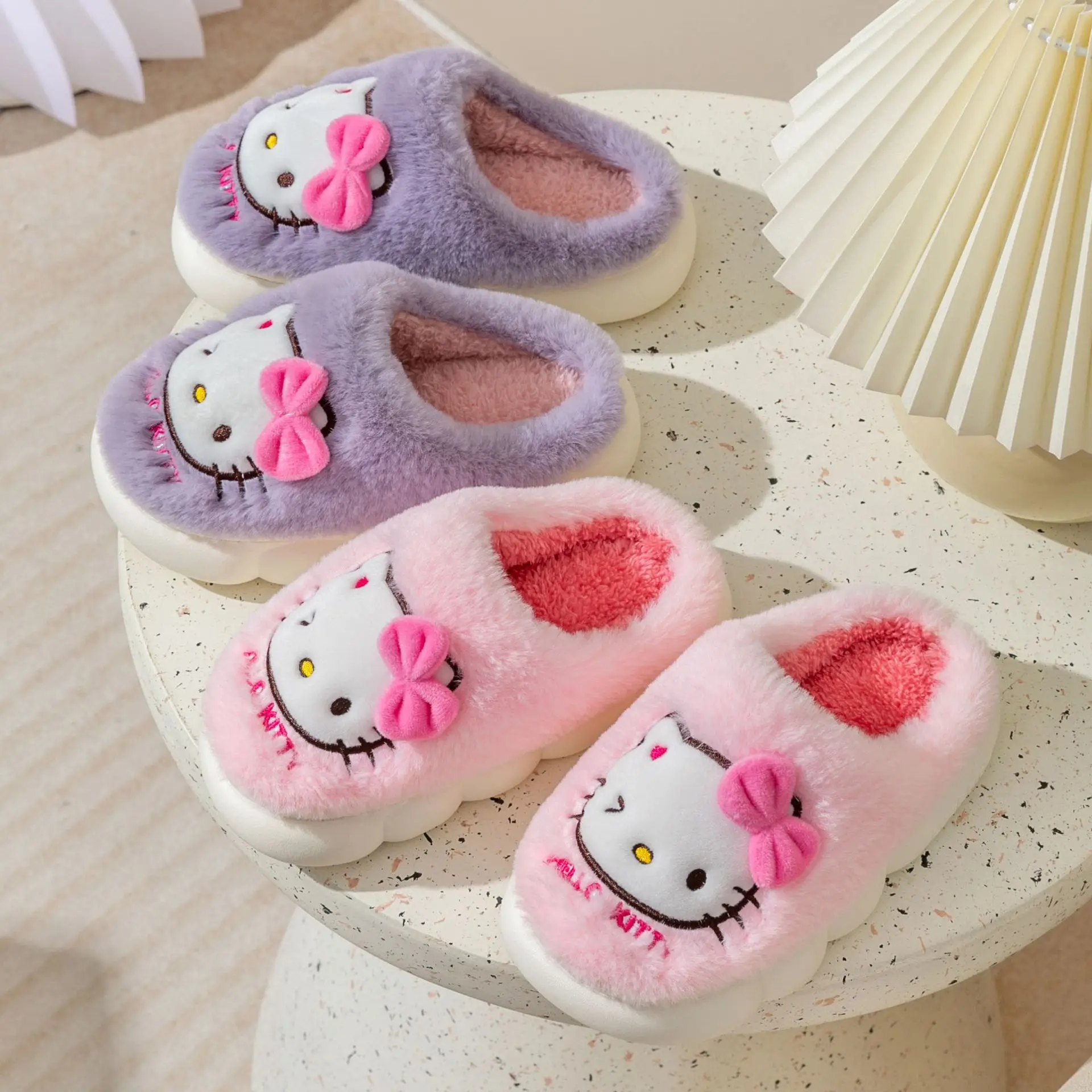 Sanrios Hello Kitty Slippers Non-Slip Warm Plush Slipper Kawaii Cute  Cartoon Anime Home Autumn and Winter Girls Slipper Gift