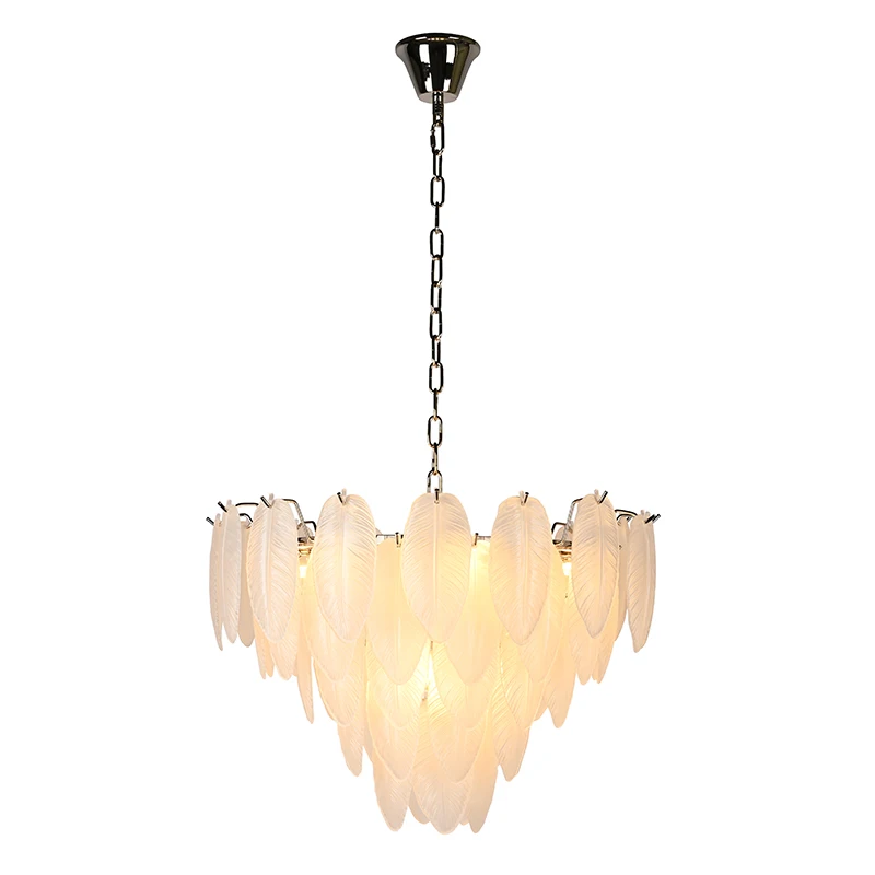 

Quality Interior Lighting Polished Nickel Iron Hand Blown Leaves Frosted Glass Feather Chandelier Pendant Light