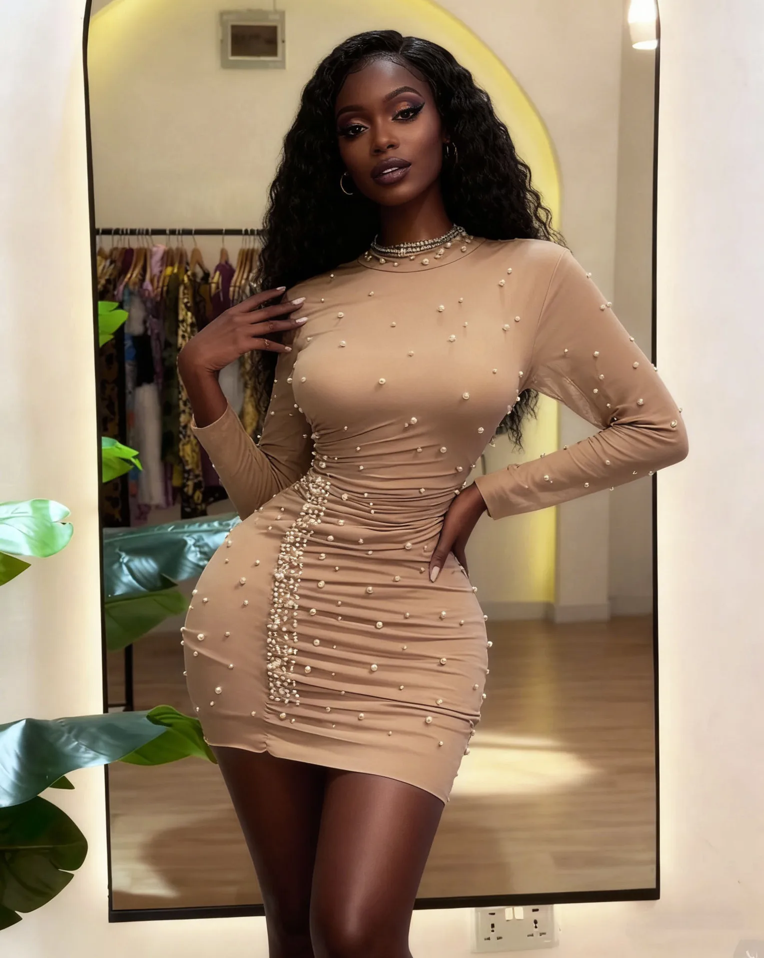HLJ Sexy Rhinestone Patchwork Bodycon Mini Dresses Women Mesh Solid Color Long Sleeves Dress Female Streetwear Vestidos 2025 New