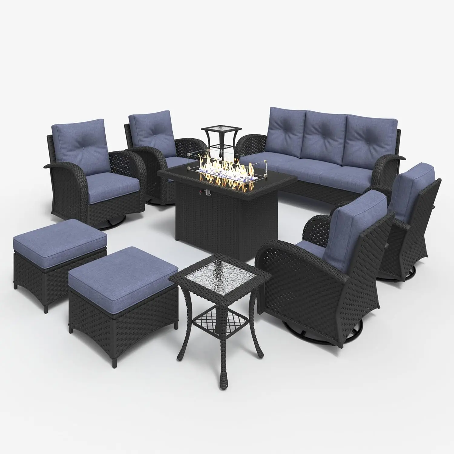 10 Pieces Outdoor Patio Furniture Set with Fire Pit Table, Rattan Wicker Sectional Swivel Rocker Chairs Sets