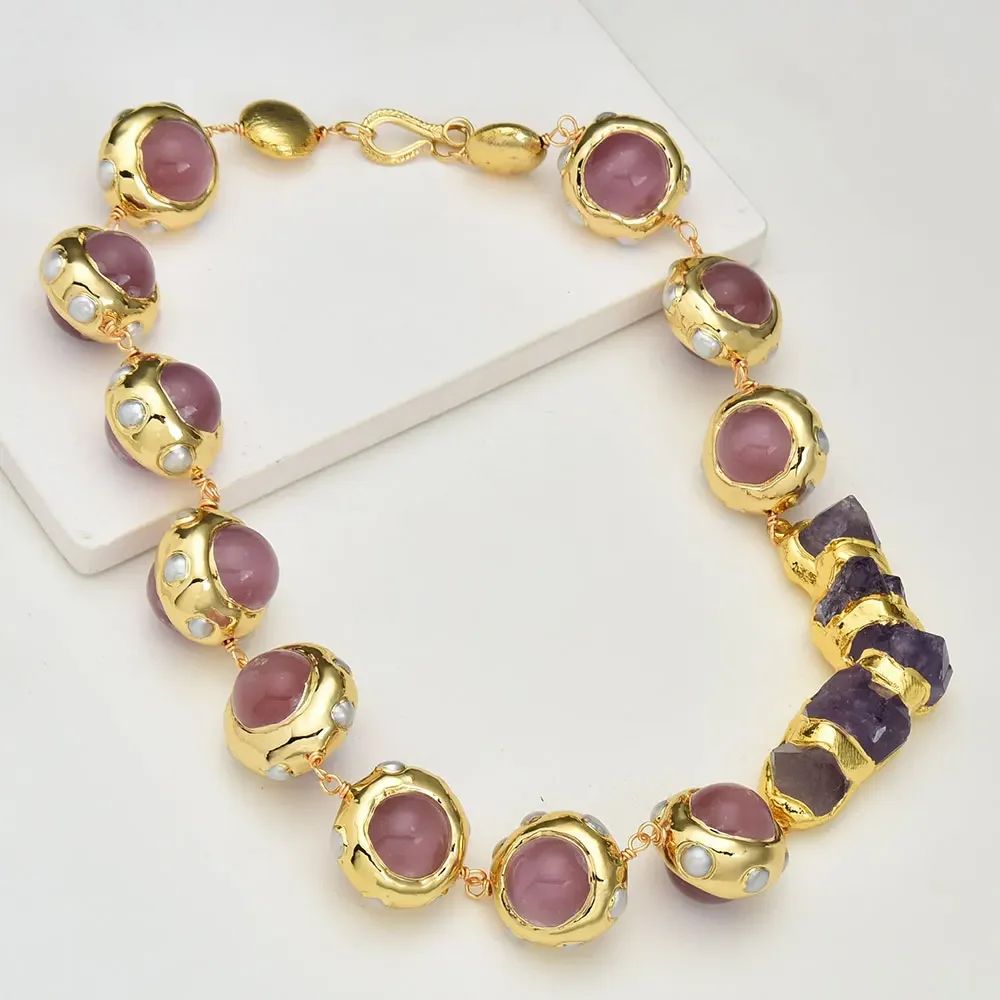 

GG Natural Pink Cat eye White Pearl Gold Plated Beads Necklace Raw Purple Amethyst Rough Beads Freeform Quartz Pendant