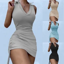 

Summer Women V-Neck Mini Dress 2022 Lapel Sleeveless Ribbed Drawstring Sexy Knit Dress Bodycon Short Solid Color Women's Dresses