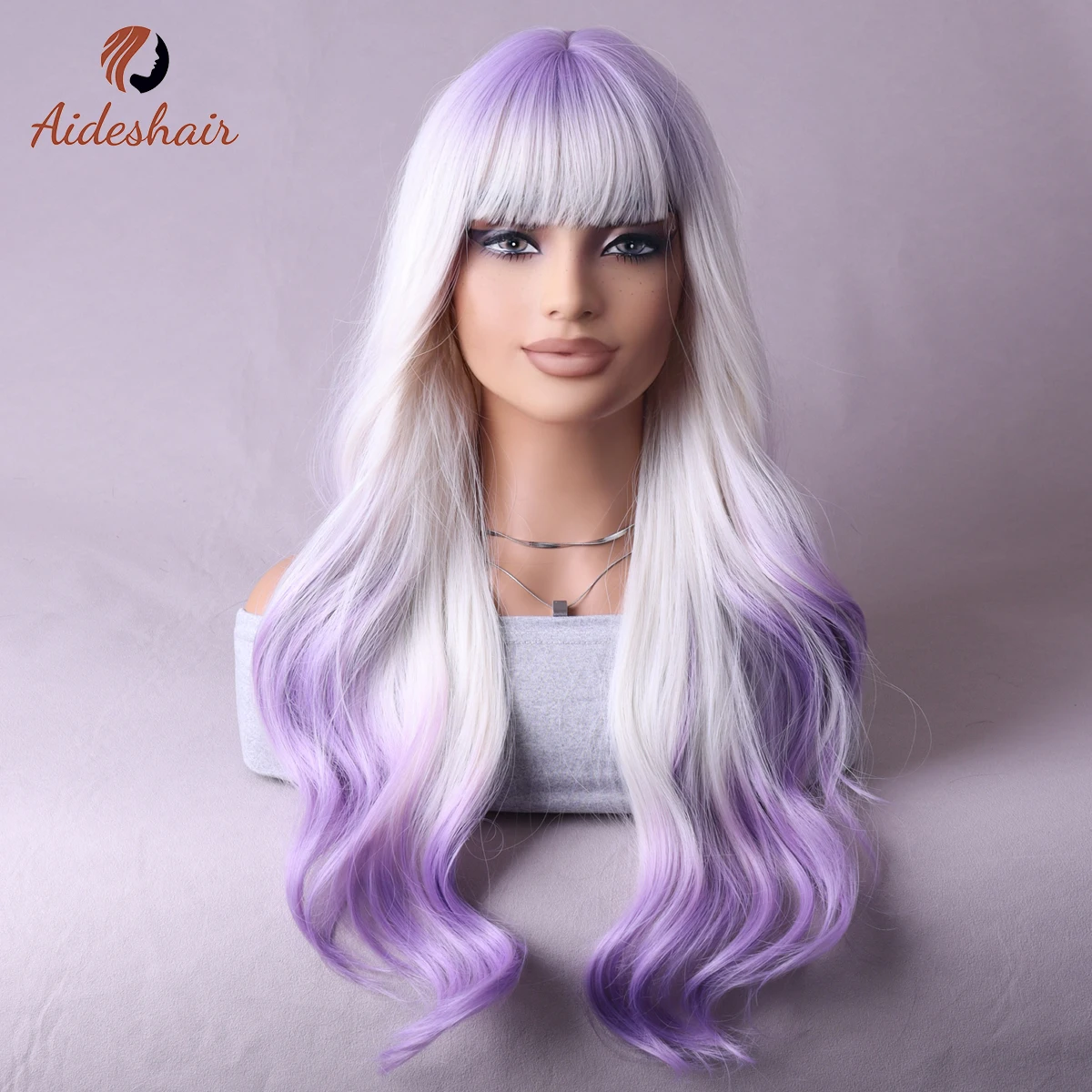 

White-purple gradient wig with bangs Long wavy wig for women Red wig with bangs synthetic heat-resistant fiber wig for 26 inches