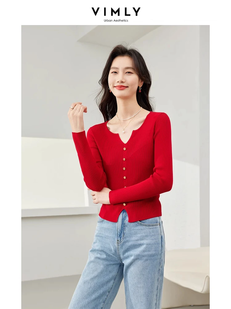 

Vimly High Strecth Slim Knitted T-shirt V-neck Long Sleeve Top 2024 Spring French Style Elegant Pullovers Short Basic Tees 72367