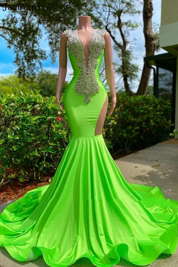 

JaneVini 2024 Luxury Green Mermaid Beaded Long Evening Dresses Sexy Deep V Neck Satin Dubai Prom Dress Arabic Formal Party Gowns