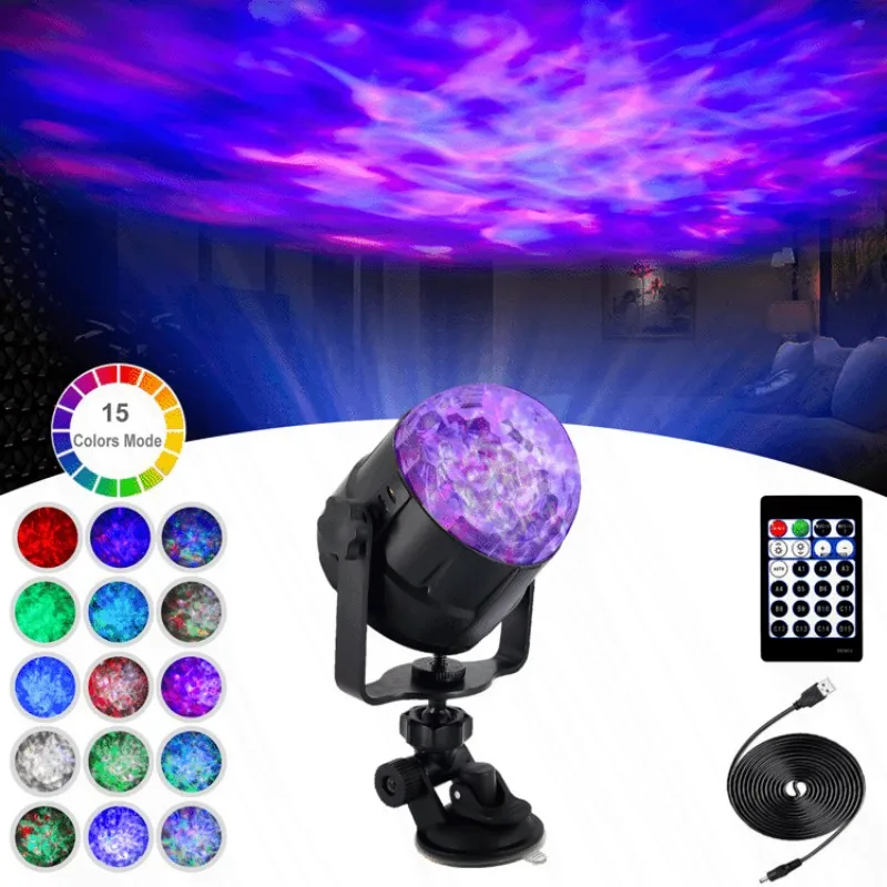 

USB 15 Colors LED Water Wave Ripple Projector Stage Light Ocean Flame Water Pattern Projection Lamp for Home Party Room Decor