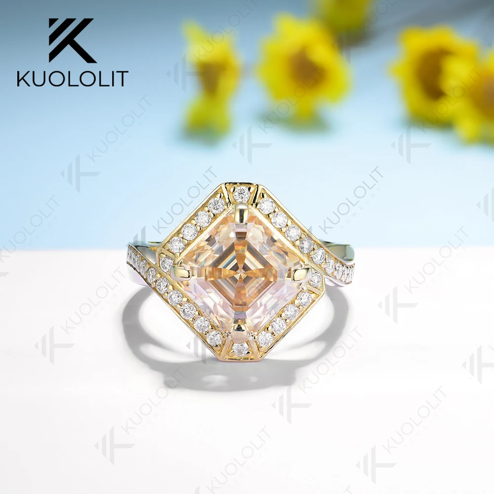Kuololit – bague Moissanite Champagne 3,5 ct pour femmes, bague Halo en or jaune massif 14K 10K, coupe Asscher, pour fiançailles, noël 1 Kuololit – bague Moissanite Champagne 3,5 ct pour femmes, bague Halo en or jaune massif 14K 10K, coupe Asscher, pour fiançailles, noël 1