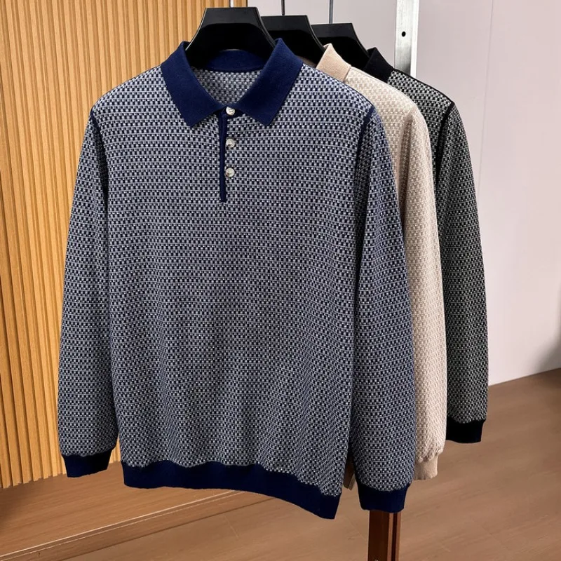 Polo a maniche lunghe da uomo 100% cotone, classico motivo pied-de-poule, abbottonatura invisibile, top casual - immagine 2
