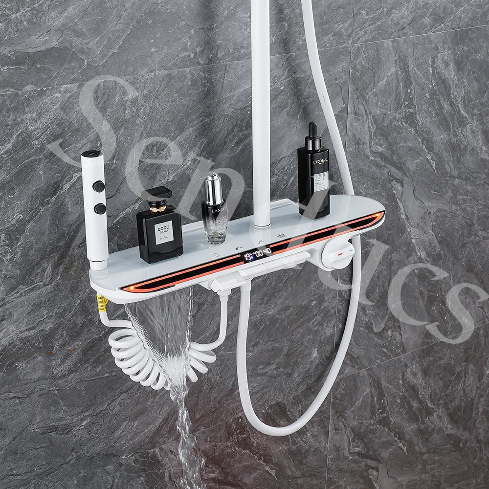 White Piano Thermostatic Shower System for Ambient Lighting Led Disgital Bathroom Shower Set Hot Cold Piano Bathroom Faucets 2